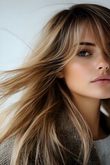Fototapeta premium Young woman with flowing blonde hair and natural makeup wearing knit sweater, captured in soft light with windswept styling for beauty and fashion advertising.