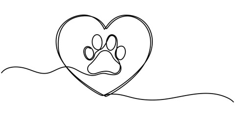 Dog or cat paw footprint and heart in continuous one line drawing of minimal out line art. Animal in heart Pets love concept abstract drawing, Dog and cat paw hearts drawn in one continuous line. Dog