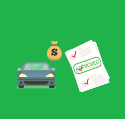 Car approved loan with automobile icon and dollar sign