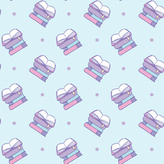 A seamless digital pattern featuring pastel-colored stacks of books, some open, on a light blue background with polka dots, perfect for education-themed designs, Vector Illustration
