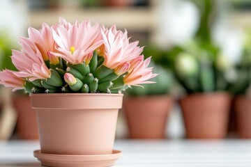 Obraz premium Beautiful blooming cactus with pink flowers in a decorative pot showcased in a bright indoor garden setting with more plants in the background
