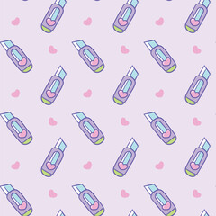 A seamless pattern featuring pastel-colored hand sanitizer bottles with heart details on a soft purple background, perfect for hygiene-themed designs, Vector Illustration
