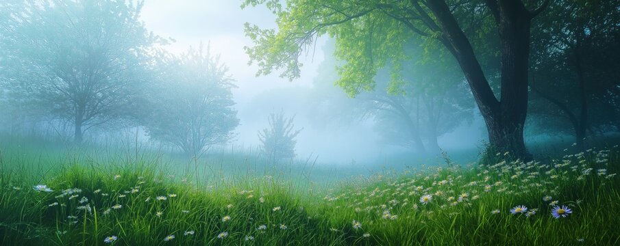 Beautiful spring meadow with grass and wild flowers in foggy forest with green trees, fantasy landscape banner.