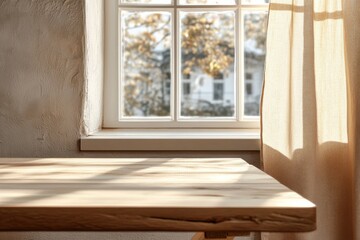 Sunlight filters through a window casting shadows on a wooden table in a cozy indoor space during autumn