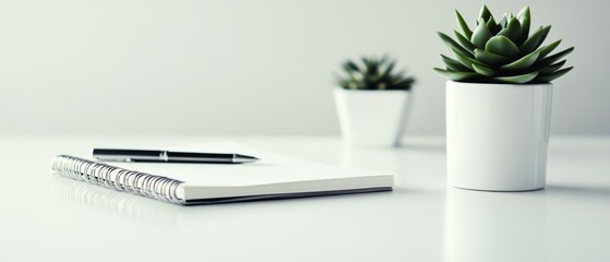 A sleek workspace with potted plant and pen reveals orderly simplicity on a white desk, fostering creativity and focus.