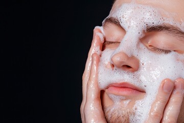 Man Cleansing Face with Foaming Wash Skincare Routine Closeup