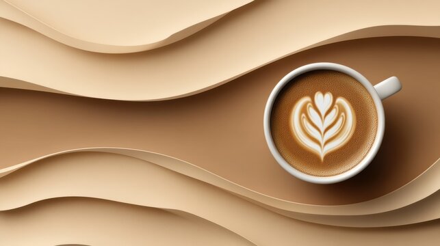 Warm cup of coffee with intricate latte art on a textured brown background showcasing wavy patterns and a cozy atmosphere