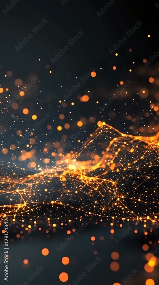 Poster glowing orange particles and light trails create dynamic motion against dark background, with floati