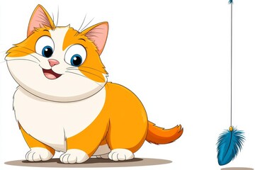 Obraz premium a 2D cartoon illustration of a kitten playing with a feather toy, happy and active, white background