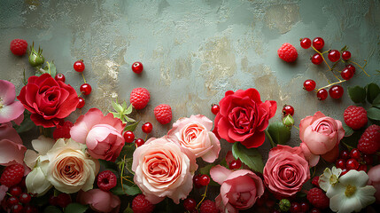 Vibrant arrangement of fresh roses and berries set on a textured stone background, creating a stunning floral display ideal for celebrations and decor