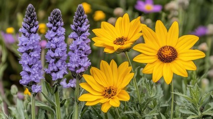 Obraz premium Purple and yellow flowers bloom in garden. Use greeting card