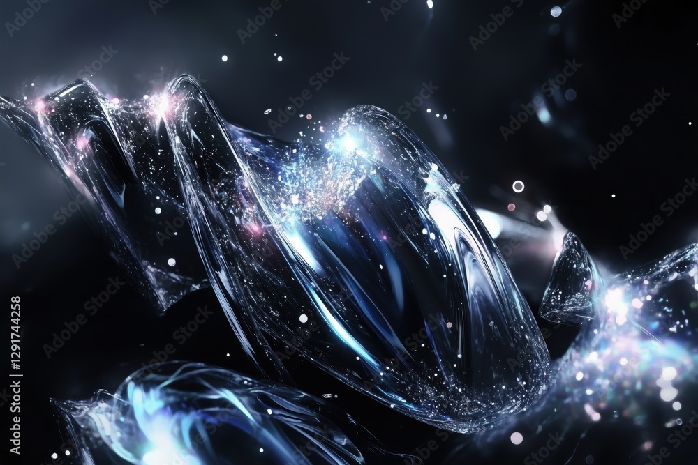 Poster an abstract digital artwork featuring swirling, translucent forms with sparkling elements against a 