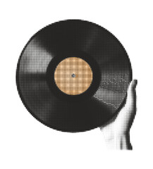 Hand Holding Vinyl Record Disc Retro Music Halftone Effect Retro Vector Illustration