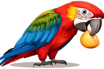 Obraz premium a 2D cartoon illustration of a parrot eating fruit, colorful and playful, white background