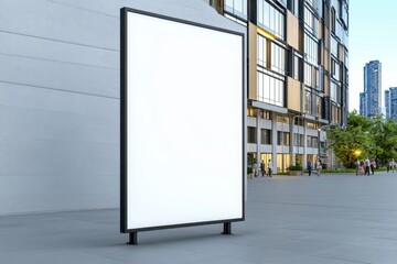 A mockup of an empty white vertical billboard in the middle of the street at night, with modern buildings and people walking around. The background is a city square with lights on, creating