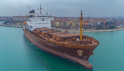 Cargo ship in harbor; waterfront; cloudy day; aerial shot; stock photo