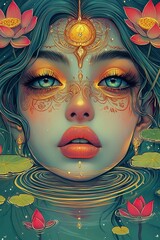 Enchanting Lotus Water Nymph Mystical Digital Art Portrait