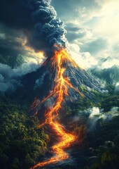 Fototapeta premium Erupting volcano towards dense forest with fiery lava flow and billowing smoke against dramatic sky