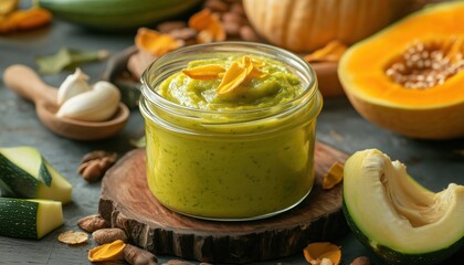 Zucchini Paste In A Glass Jar With Ingredients Around In A Stylish Display. Rich And Fresh Zucchini Spread Presentation.