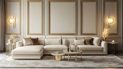 Fototapeta premium Beautiful Modern Living room Interior with furniture's ,mockup frame , posters, wall -3d Rendering