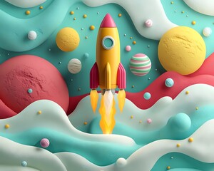 Colorful Rocket Launch in Spacey Scene