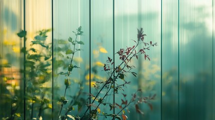 Garden View: A captivating view of a vibrant garden from behind a glass or transparent panel, showcasing diverse plants and flowers blurred in a dreamy atmosphere.