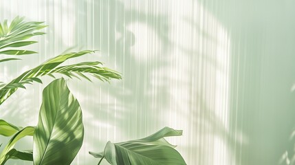 Serene Green Foliage with Shadows: Close-up shot of vibrant green leaves casting intricate shadows on a soft, textured backdrop, creating a sense of tranquility and natural beauty.