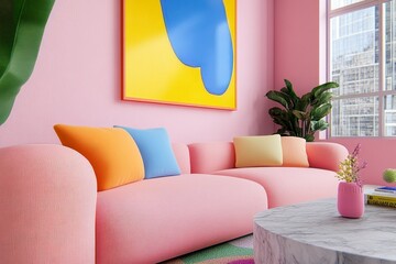 A pink and orange living room with pastel-colored furniture, a large abstract painting on the wall, concrete floors, plants in vases, a marble coffee table, and soft lighting creating gentle