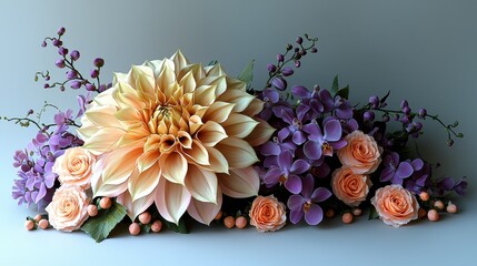 Stunning floral arrangement with dahlias and roses studio setting botanical art elegant design close-up view