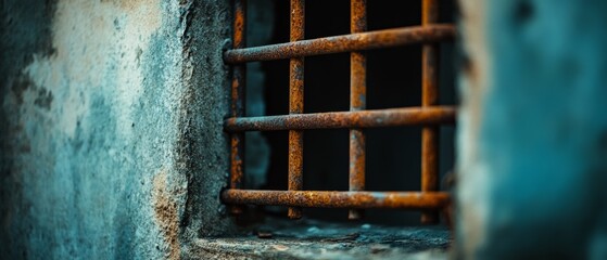 Rusty bars set within a weathered concrete window frame evoke a sense of historical hardship and resilience.
