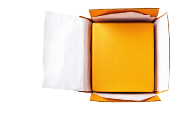 Open box revealing a yellow inner packaging, cut out