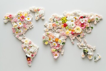 Floral arrangement of a world map made from colorful flowers showcasing natural beauty and creativity in modern art display