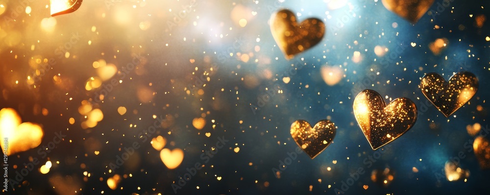 Poster golden hearts floating in a background of shimmering light create a romantic and magical atmosphere 