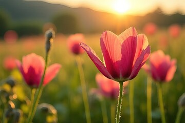 Beautiful Pink Tulips in a Field at Sunset