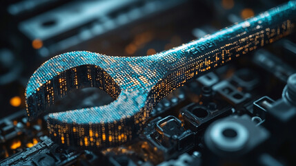 Obraz premium A digital wrench spanner with glowing binary code symbolizes the fusion of AI and predictive maintenance in modern systems, revolutionizing equipment diagnostics and remote repair assistance for effic