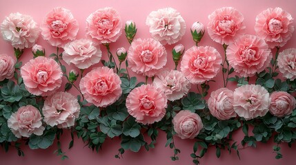 Floral display of pink carnations and greenery indoor setting decorative art vibrant color palette close-up view