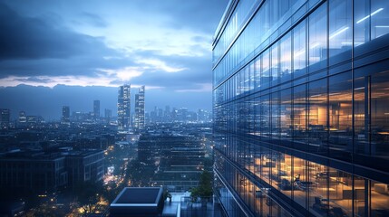 Fototapeta premium Modern glass skyscraper overlooking city skyline at twilight