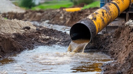 Obraz premium Water Flowing from Large Yellow Pipe in Dirt Excavation Site