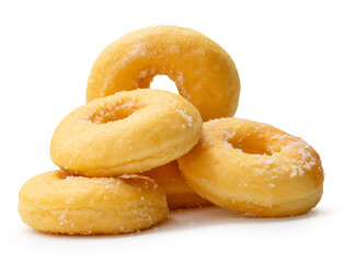 Side view of brown sugar glazed cinnamon donuts in stack isolated on white background with clipping path