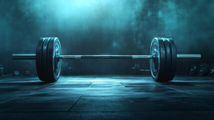 Heavy barbell resting on the gym floor, bathed in dramatic blue light and surrounded by swirling smoke, creating an intense atmosphere