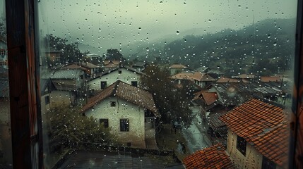 cloudy sky, rainy day view village from window