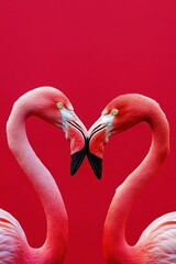Naklejka premium Pink flamingos form a heart shape with their necks against a vibrant red background at sunset, showcasing their unique bond and grace