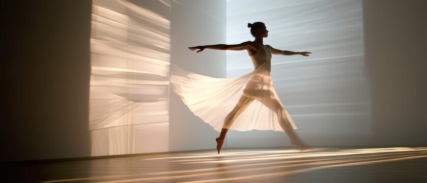 A graceful dancer in motion, captured mid-leap against a sunlit backdrop, radiating energy and elegance in the dance studio.