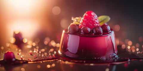 Luscious berry dessert with glazed pudding and fresh raspberry garnish