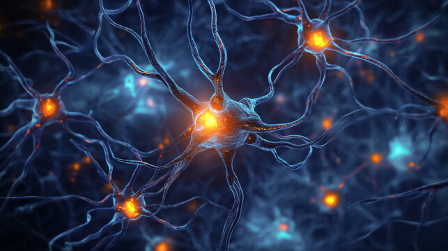 3D illustration of human neurons communicating through electrical impulses. Perfect for neuroscience and biotechnology concepts.