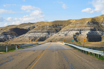 Highway 10 near East Coulee, a former coal town located in the Canadian badlands in Alberta
