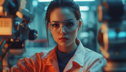 Female Industrial Engineer Utilizing Automation Robot Arms In Intelligent Factory With Real Time Monitoring System Software For Digital Manufacturing Future.