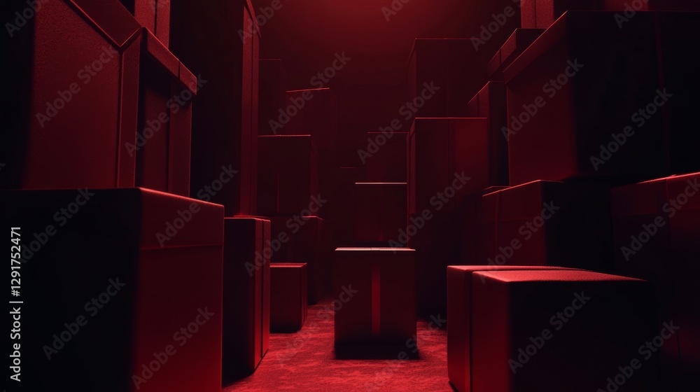 Poster dark red abstract space filled with various box shapes creating an atmospheric and mysterious enviro