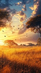 Sunset Glow Over a Serene Pasture With Grazing Cattle and a Solitary Tree Under a Colorful Sky