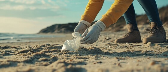 Hands in white gloves meticulously pick up a plastic bag from the sandy shore, emphasizing ecological duty and beach cleanliness.
